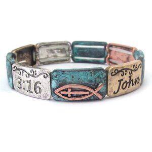 John 3:16 Christian Fish Tritone Patina Silver Gold Copper Stretch Bracelet